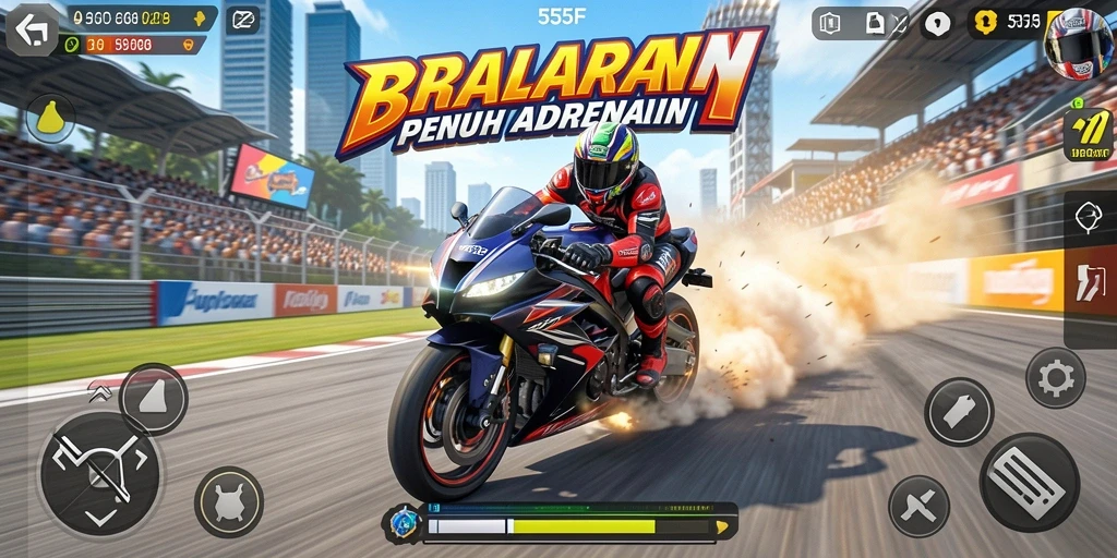 Tampilan gameplay seru dalam balapan motor 555F yang menegangkan.