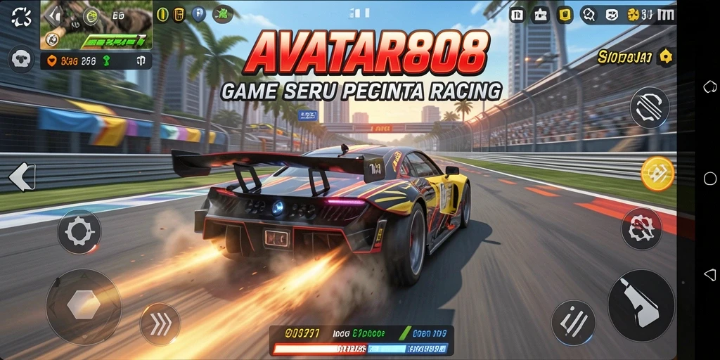 Tangkapan layar gameplay AVATAR808 menunjukkan aksi balapan yang mendebarkan.