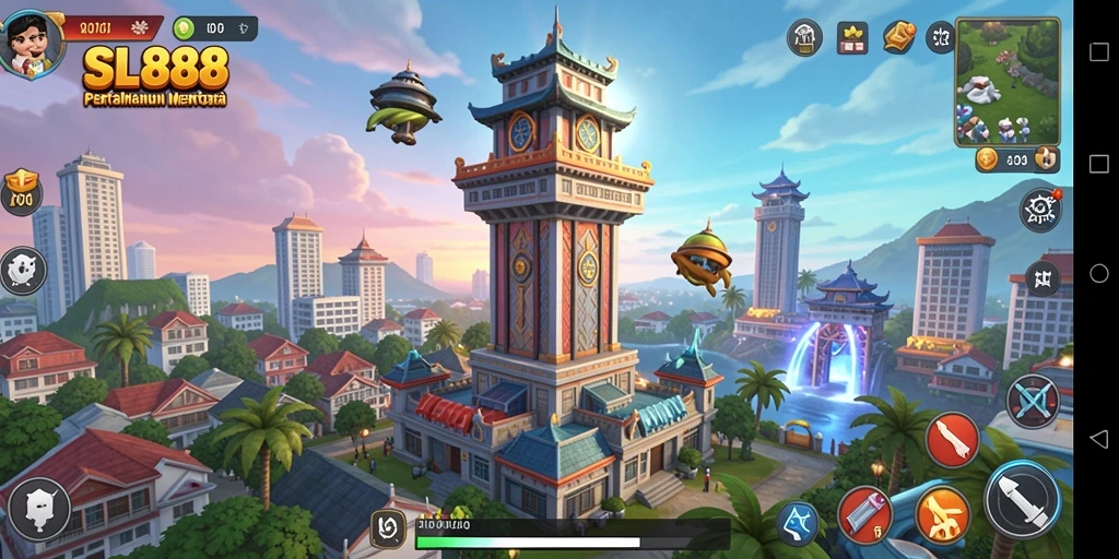 Tangkapan layar gameplay SL888 dengan menara pertahanan yang strategis.