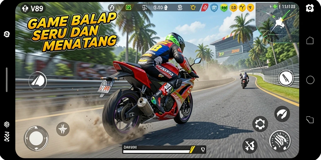 Screenshot V89 menunjukkan balapan motor yang mendebarkan dan grafis yang memukau.